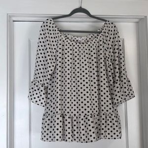 Downeast cream and black polka dot blouse